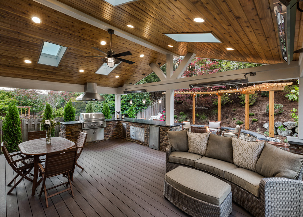 Deck - large transitional backyard deck idea in Seattle with a bbq area