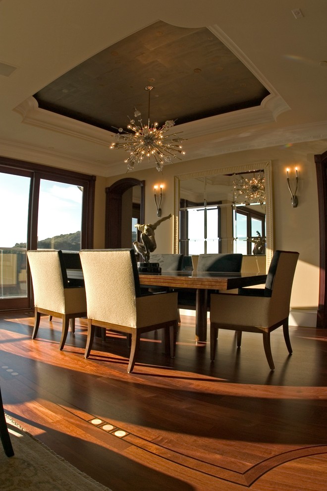 This is an example of a large contemporary open plan dining in Orange County with beige walls, dark hardwood floors, no fireplace and brown floor.