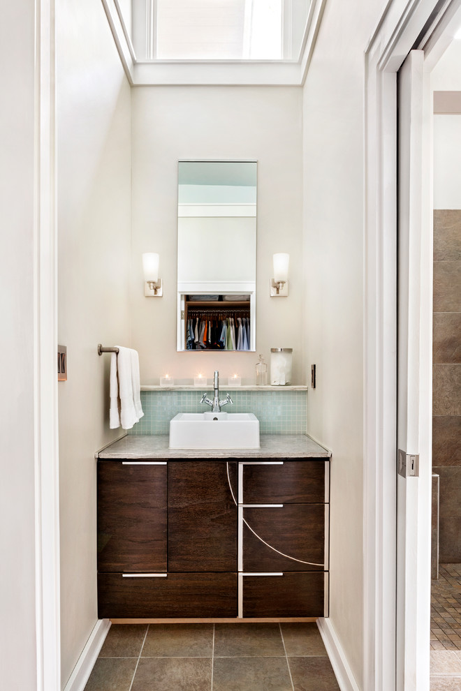 Inspiration for a small transitional master blue tile and glass tile porcelain tile bathroom remodel in Other with marble countertops, a vessel sink, flat-panel cabinets, dark wood cabinets and gray walls