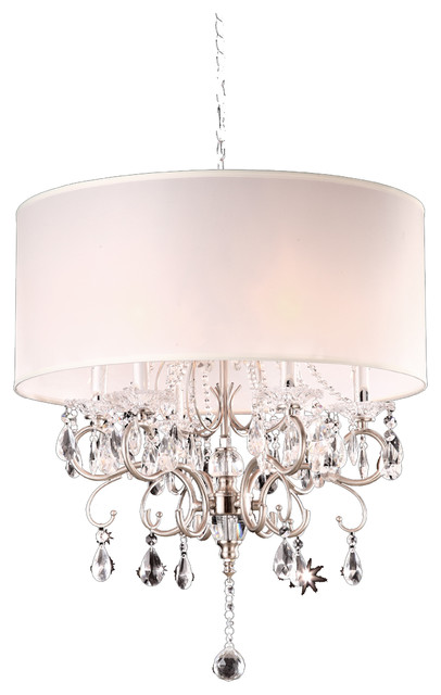 21 Tall Metal Chandelier With Silver Finish White Shade 21 Tall Metal Chandelier With Silver Finish White Shade Crystal Accents