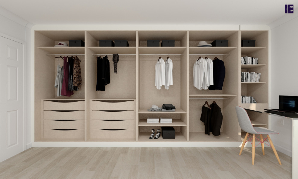 Design ideas for a small modern storage and wardrobe in London with flat-panel cabinets, white cabinets, plywood floors, multi-coloured floor and wood.