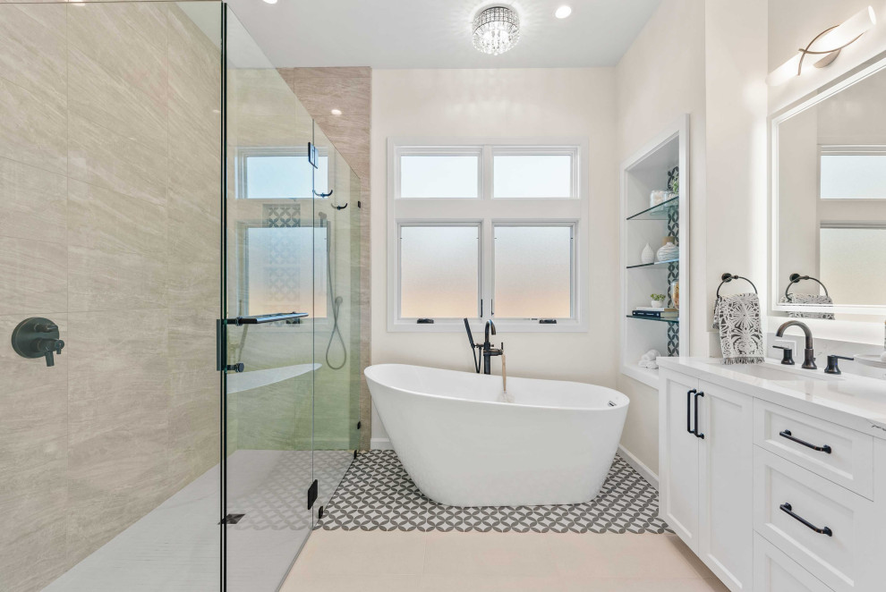 Design ideas for an expansive modern master wet room bathroom in San Francisco with recessed-panel cabinets, white cabinets, a freestanding tub, a one-piece toilet, multi-coloured tile, porcelain tile, white walls, porcelain floors, an undermount sink, quartzite benchtops, white floor, a hinged shower door, white benchtops, a niche, a double vanity and a built-in vanity.