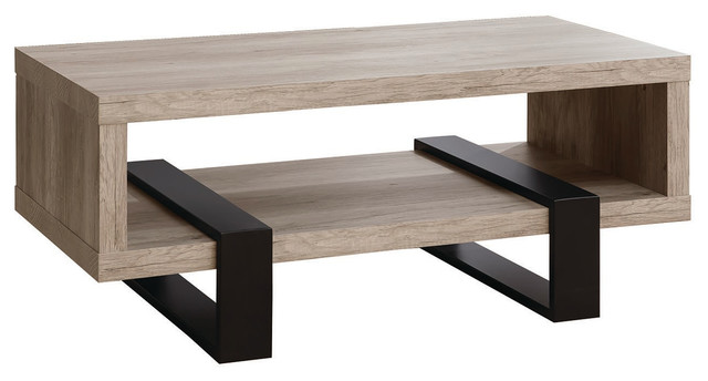 Contemporary Living Room Wood Coffee Table With Black Metal Legs
