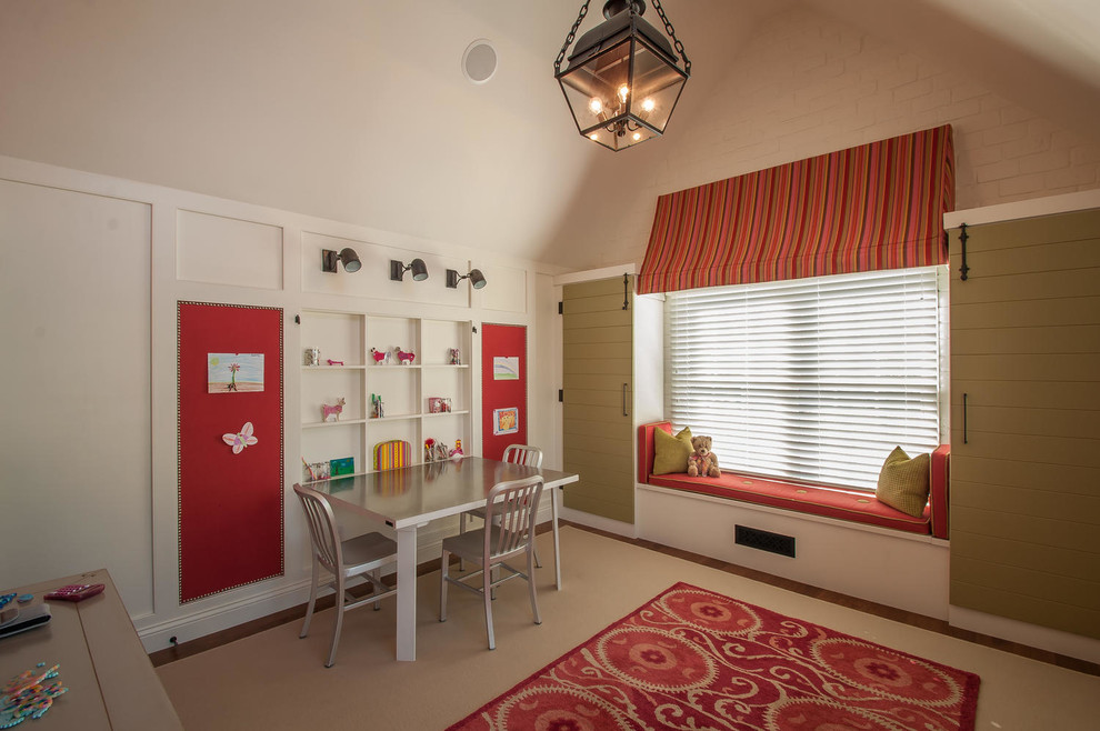 This is an example of a large traditional gender-neutral kids' playroom for kids 4-10 years old in Indianapolis with white walls and dark hardwood floors.