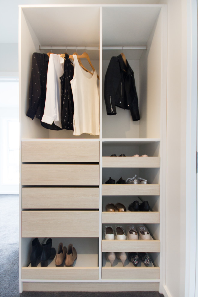Photo of a Mid-sized Scandinavian Gender-neutral walk-in wardrobe in Wellington With White Cabinets.