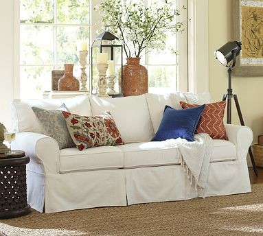 PB Basic Slipcovered Sofa, Box, Polyester Wrap Cushions, Performance Canvas Whit