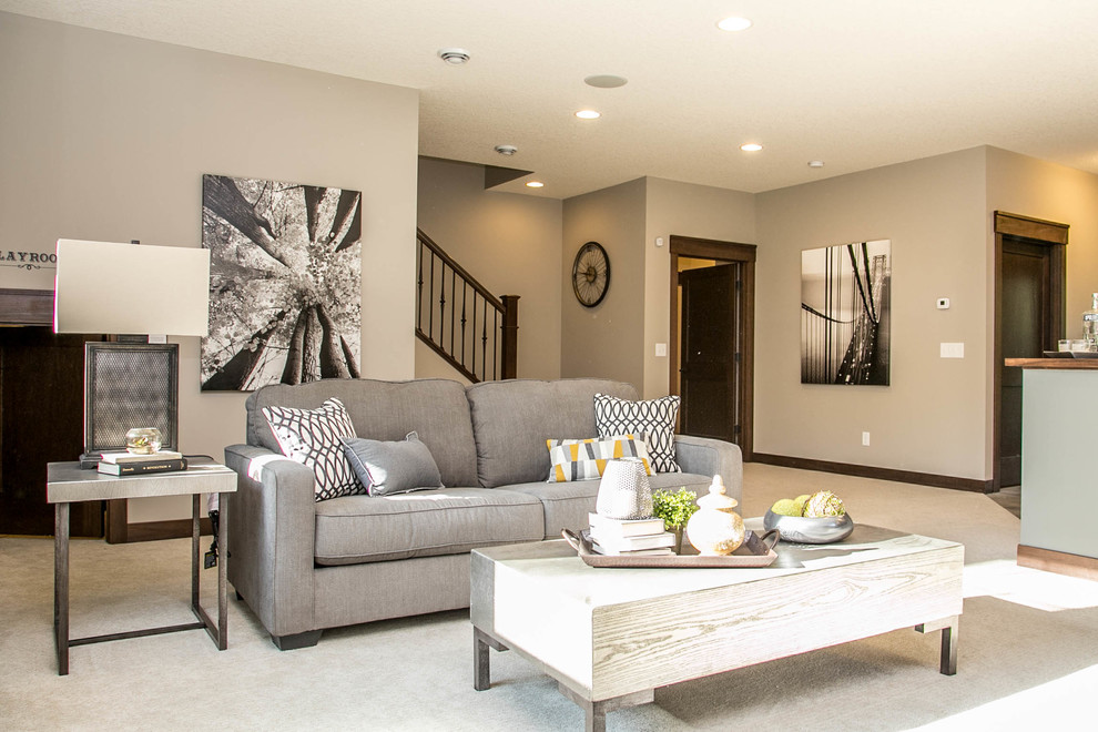 Inspiration for a transitional walk-out carpeted basement remodel in Minneapolis with gray walls and no fireplace