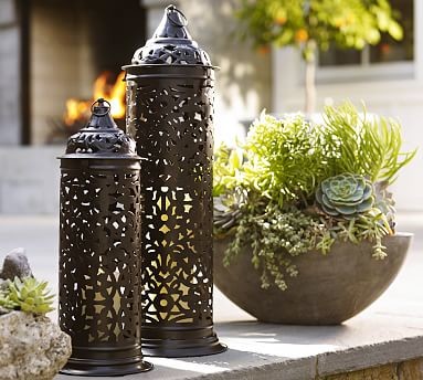 Darien Punched Metal Filigree Cylindrical Lantern, Small, Brozne finish