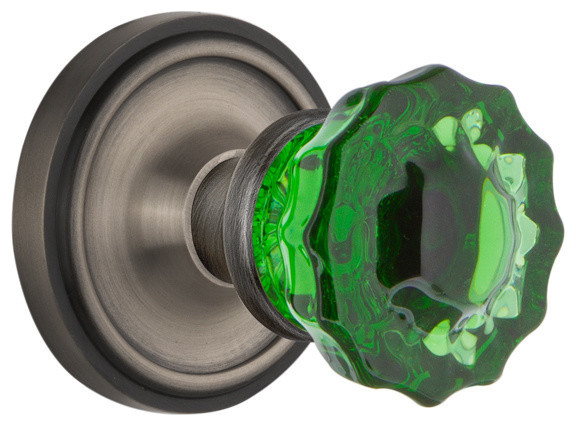 Classic Rosette Passage Crystal Emerald Glass Knob, Antique Pewter