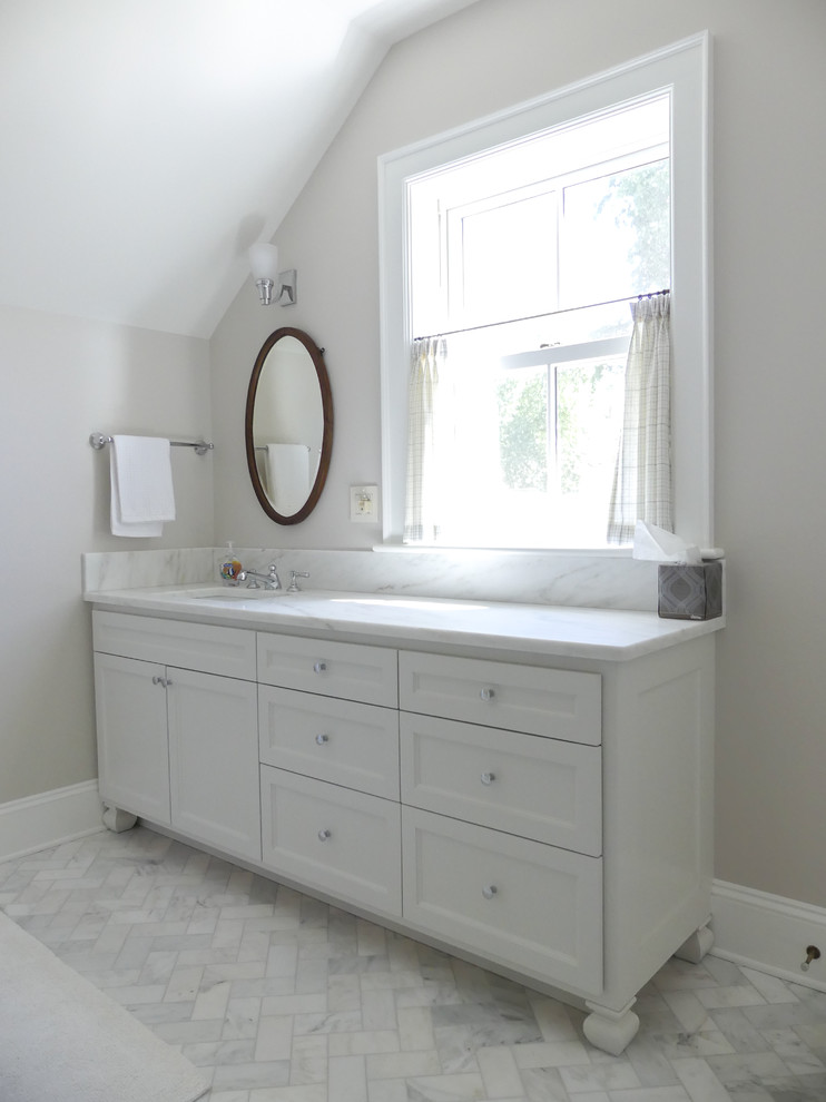 Bathroom - large traditional master bathroom idea in Burlington with recessed-panel cabinets and white cabinets