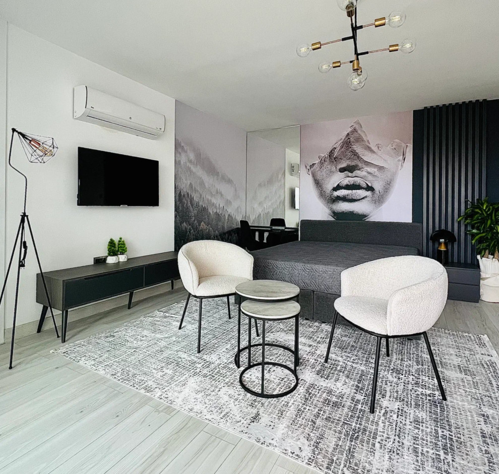 Ispirazione per un piccolo soggiorno minimal con pareti bianche, pavimento in laminato, TV a parete e pavimento grigio