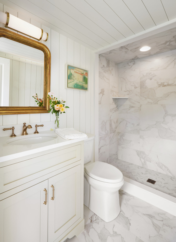 Example of a small classic white tile and porcelain tile porcelain tile, single-sink, shiplap ceiling, shiplap wall and white floor bathroom design in Nashville with white walls, an undermount sink, quartz countertops, white countertops, a built-in vanity, shaker cabinets, white cabinets and a two-piece toilet