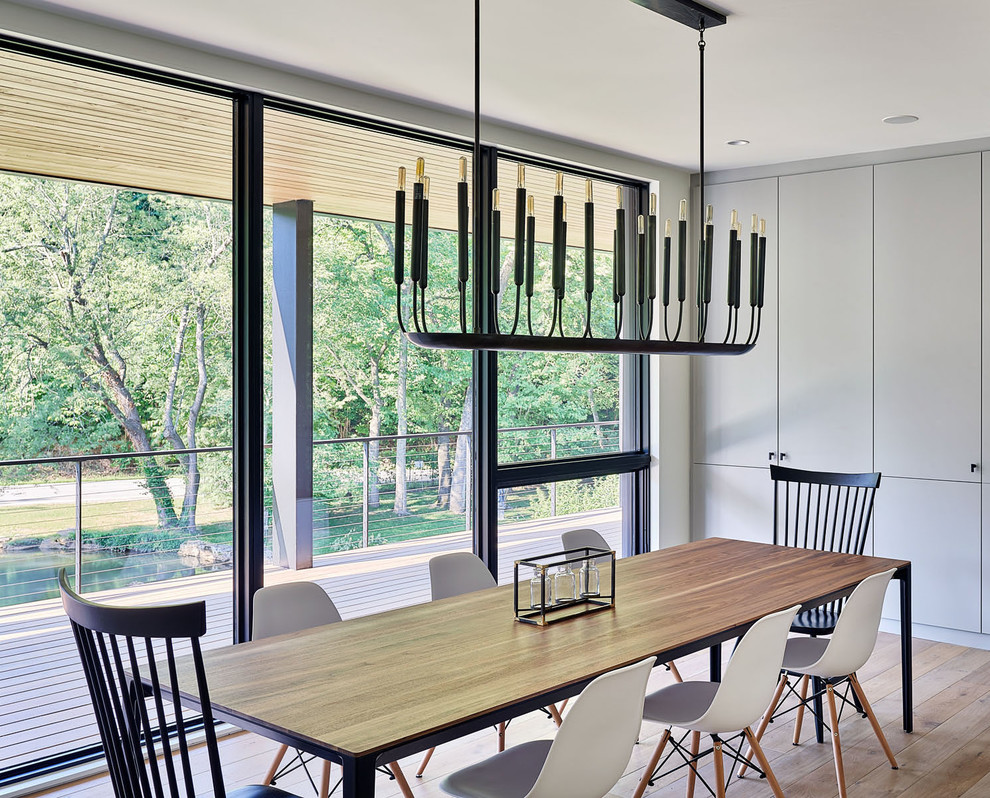 Trendy light wood floor and brown floor dining room photo in Kansas City with white walls and no fireplace