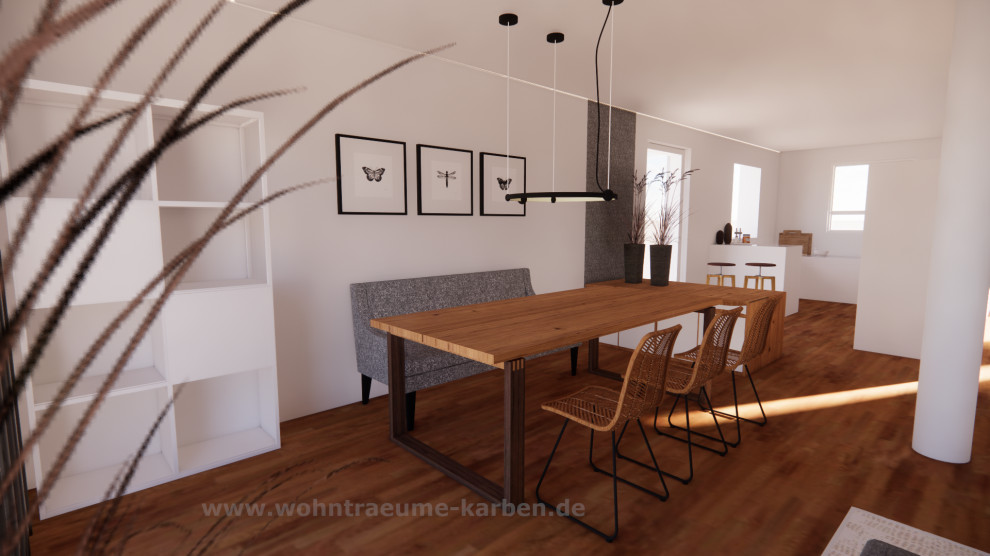 Offenes Skandinavisches Wohnzimmer mit weißer Wandfarbe, dunklem Holzboden und TV-Wand in Frankfurt am Main