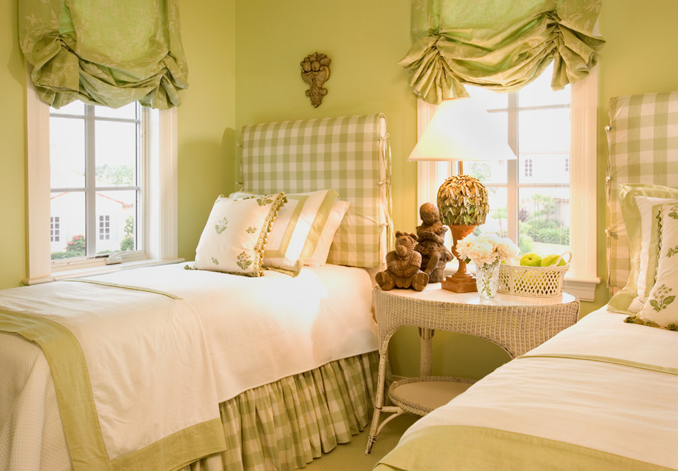 Design ideas for a large traditional guest bedroom in Miami with green walls and carpet.