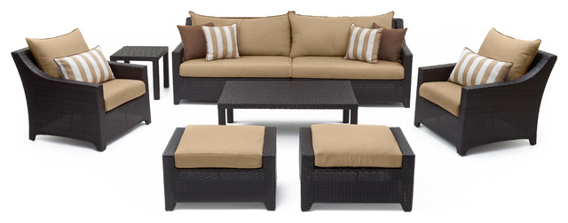 Deco 8 Piece Sunbrella Outdoor Patio Sofa and Club Chair Deep Seating Set, Warm Khaki