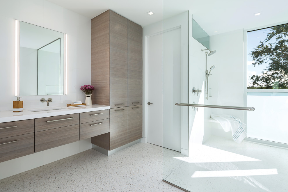 Design ideas for a mid-sized contemporary master bathroom in Tampa with flat-panel cabinets, dark wood cabinets, a double shower, white tile, porcelain tile, white walls, concrete floors, an undermount sink, quartzite benchtops, white floor, an open shower and white benchtops.