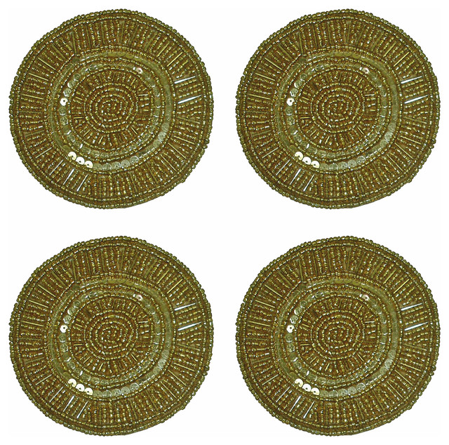 Set of 4 Gold Beaded Round Satin Backed Coasters in Organza Gift Bag