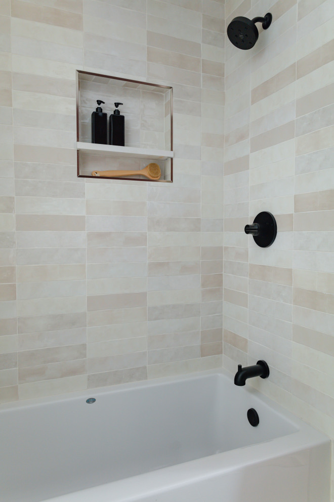 Inspiration for a medium sized bohemian shower room bathroom in Dallas with recessed-panel cabinets, red cabinets, white walls, wooden worktops, white floors, brown worktops, a single sink, a built in vanity unit, a built-in bath, a shower/bath combination, multi-coloured tiles and ceramic tiles.