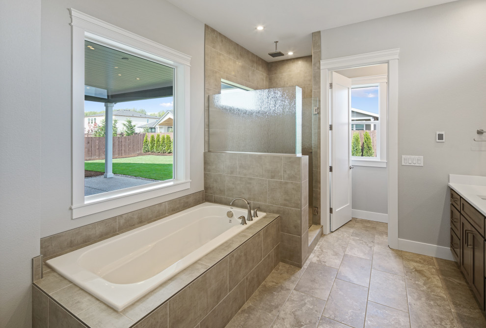 Inspiration for a classic ensuite bathroom in Portland with dark wood cabinets, a built-in bath, a corner shower, a one-piece toilet, a built-in sink, granite worktops, a hinged door, white worktops, double sinks and a built in vanity unit.