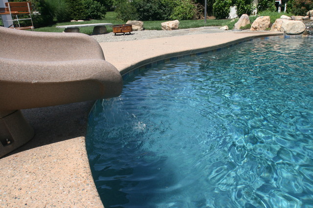 Water Slide, Water Feature, Fire Pit, Fire Feature, Torches, Lights, Spa, & More contemporary-swimming-pool