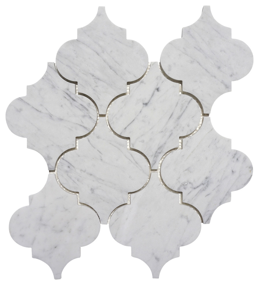 12"x12" Italian Carrara White Arabesque Lantern Mosaic Tiles, Set of 5, Polished