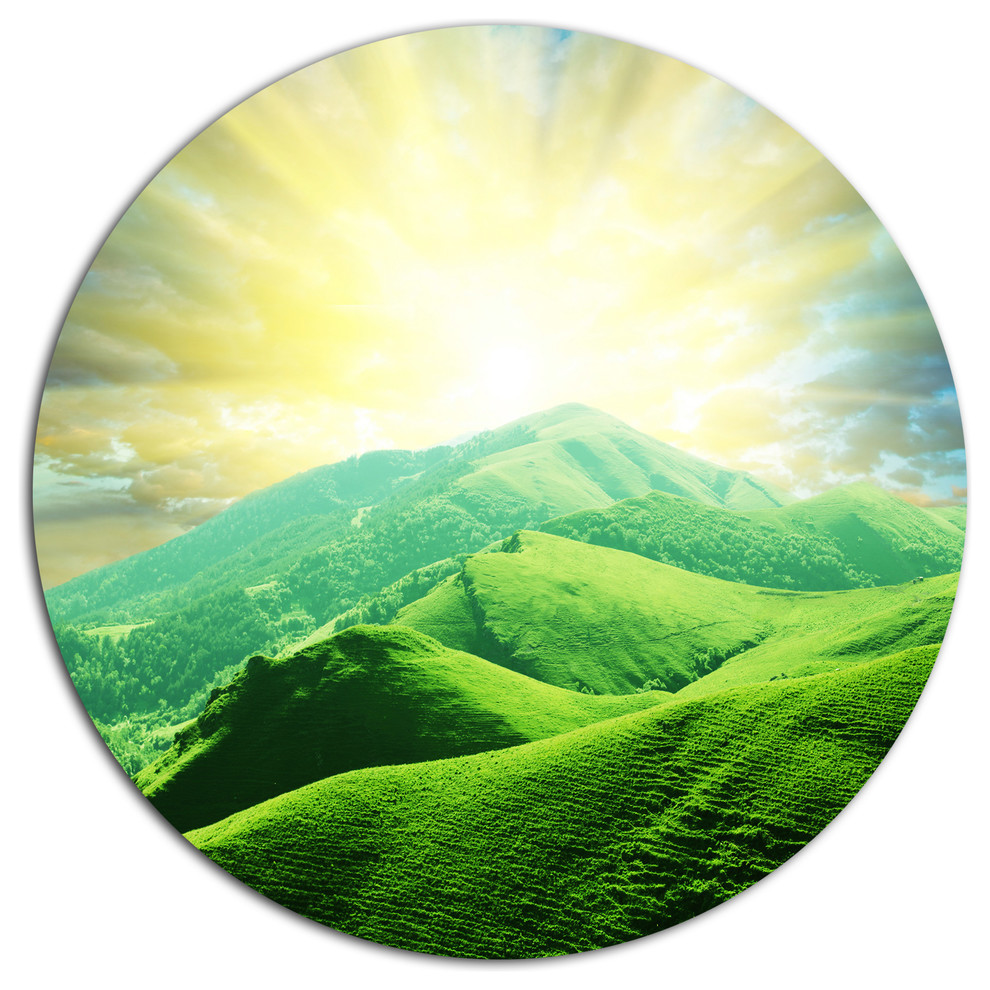 Green Mountains under Sun, Landscape Round Metal Wall Art, Disc of 11 inch Contemporary