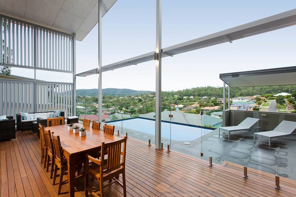 Large modern balcony in Brisbane with a roof extension.