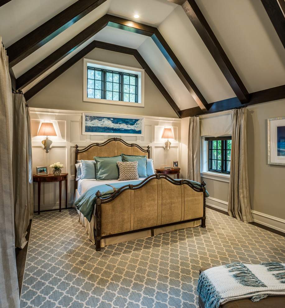 This is an example of a mid-sized traditional master bedroom in Philadelphia with grey walls, carpet and no fireplace.