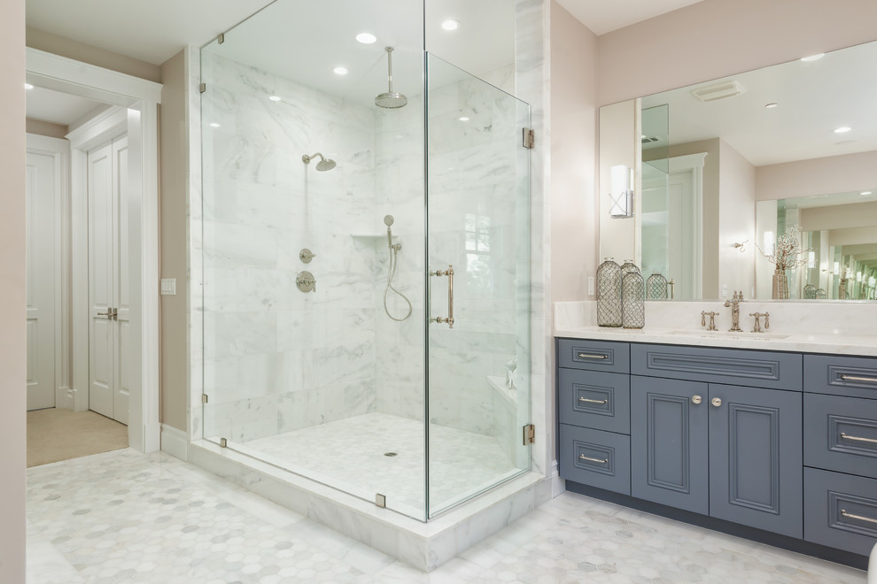 Design ideas for a traditional master bathroom in San Francisco with recessed-panel cabinets, blue cabinets, a freestanding tub, a double shower, a two-piece toilet, mosaic tile, grey walls, mosaic tile floors, an undermount sink and engineered quartz benchtops.