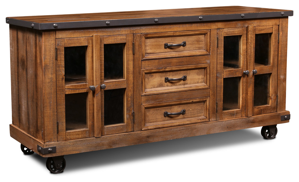 Sideboard with Wheels in Rustic Natural Oak Industrial Buffets And