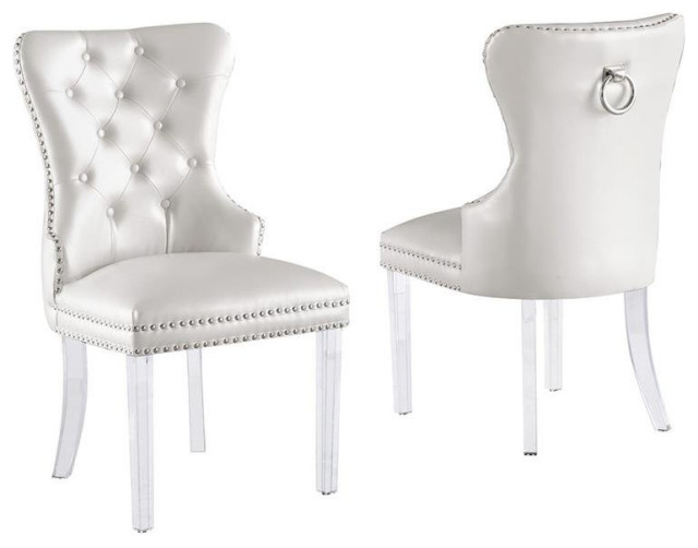 Tufted White Faux Leather Side Chairs with Clear Acrylic Legs (Set of 2)