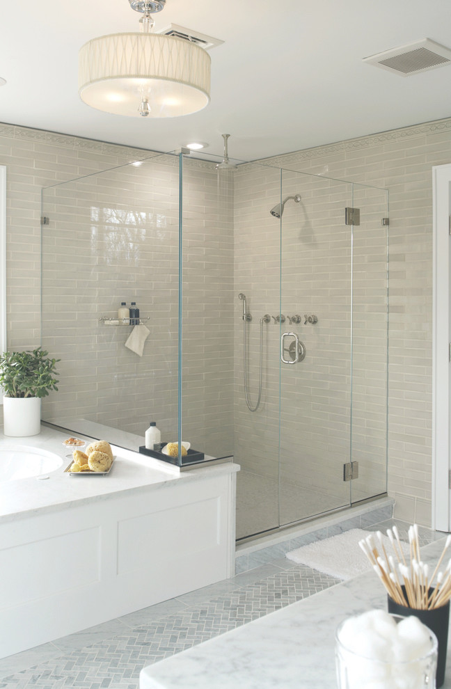 Design ideas for a transitional bathroom in New York with an alcove shower.