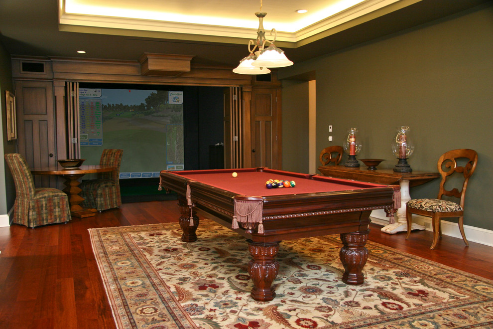 Photo of an expansive traditional enclosed family room in Grand Rapids with a game room, green walls, dark hardwood floors and a wall-mounted tv.