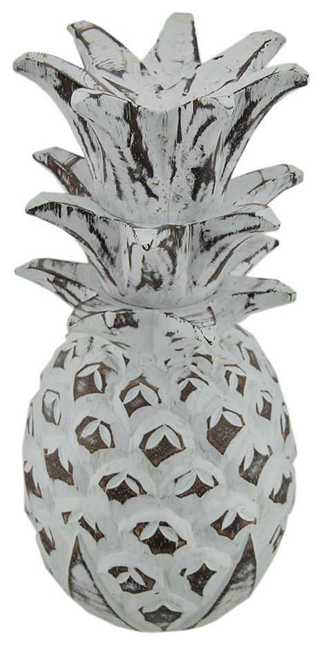 Distressed White Carved Wood Pineapple Decoration