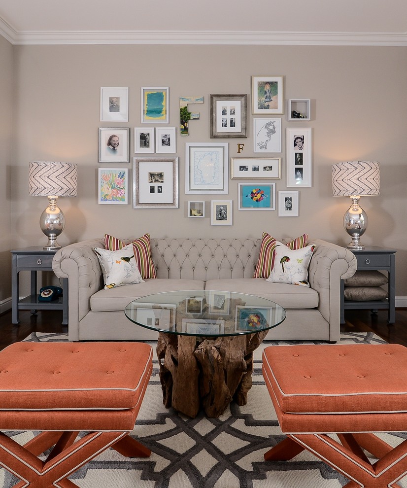 Inspiration for a transitional living room in Sacramento with beige walls and carpet.