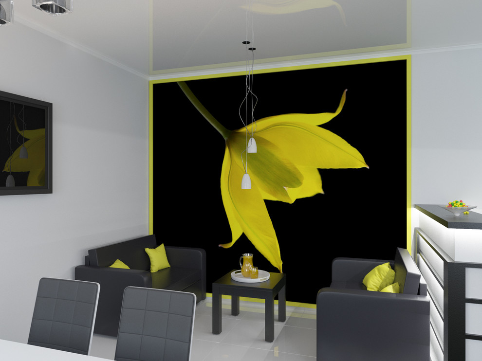 Чёрно белая кухня с ярким декором