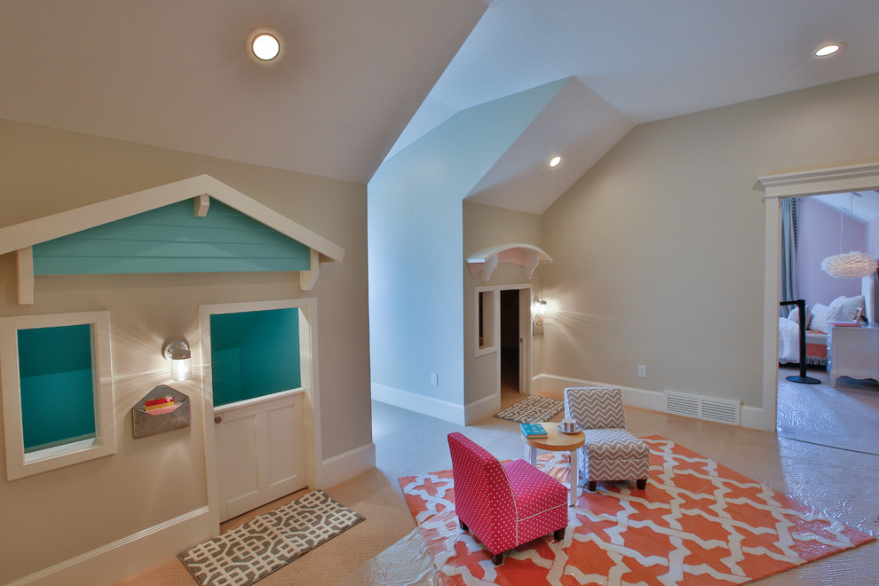 Design ideas for a large transitional kids' playroom for kids 4-10 years old and girls in Salt Lake City with multi-coloured walls and carpet.