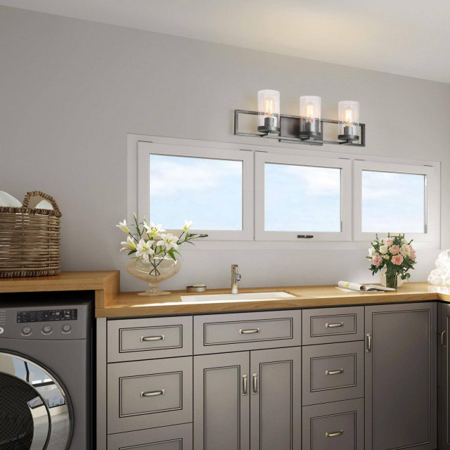 LALUZ 3-Light Brushed Gray Transitional Bathroom Vanity Light with ...