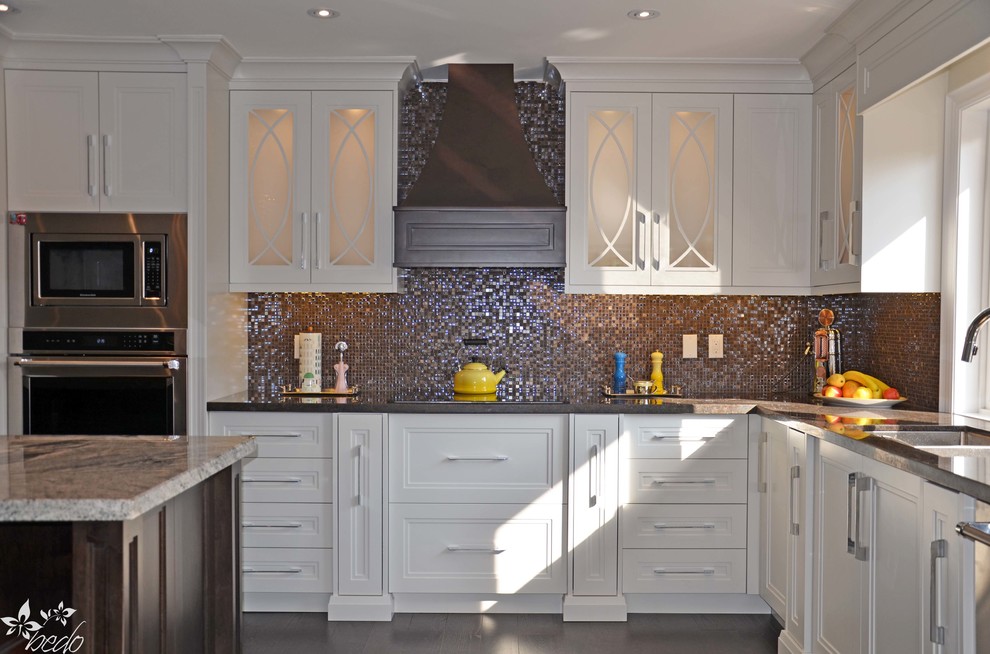 Eat-in kitchen - mid-sized transitional l-shaped dark wood floor eat-in kitchen idea in Toronto with a double-bowl sink, shaker cabinets, white cabinets, quartz countertops, brown backsplash, mosaic tile backsplash, stainless steel appliances and an island
