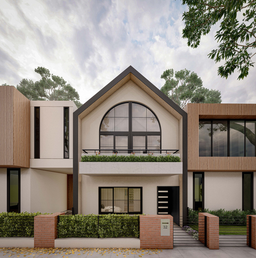 Inspiration for a mid-sized scandinavian two-storey beige townhouse exterior in Perth with mixed siding, a gable roof, a metal roof, a black roof and board and batten siding.