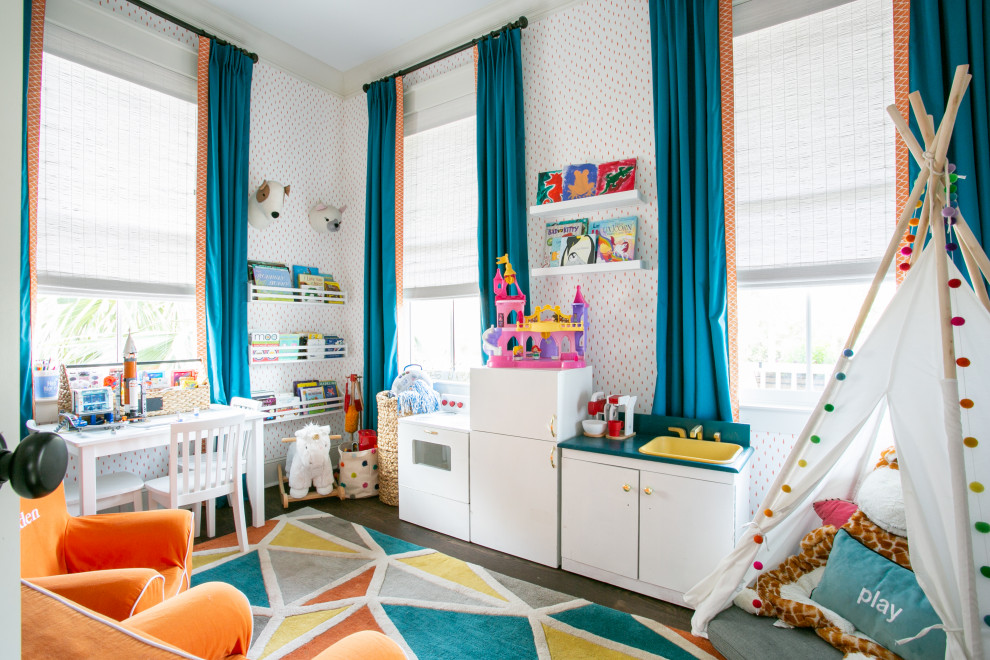 Design ideas for a small traditional gender-neutral kids' playroom for kids 4-10 years old in Charleston with wallpaper.