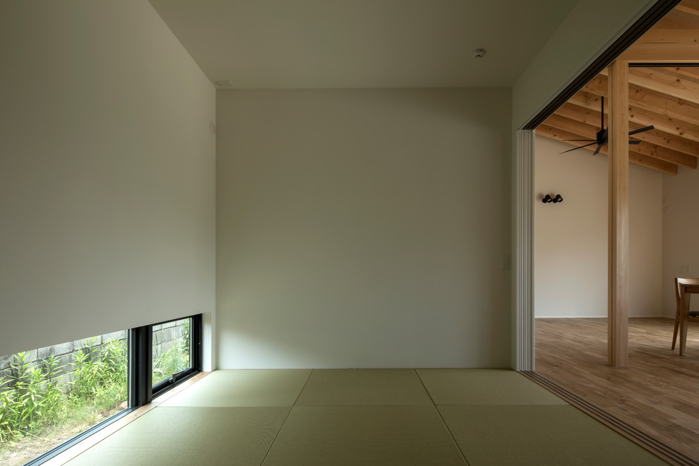 Inspiration for a mid-sized modern loft-style family room in Other with a home bar, white walls, tatami floors, no fireplace, no tv and green floor.