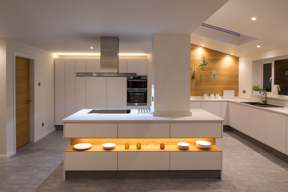 Photo of a contemporary kitchen in Cheshire with a drop-in sink, flat-panel cabinets, white cabinets and with island.