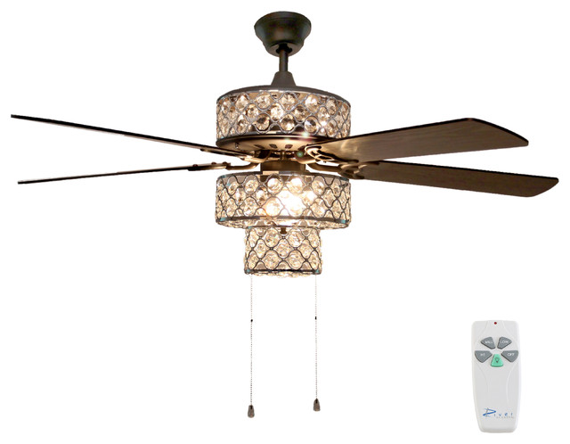 52" Silver Punched Metal Triple-Tiered Clear K-9 Crystal Ceiling Fan