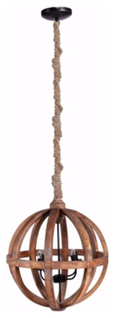 Benzara BM154663 Wood Cutout Sphere Chandelier With Rope Hanger, Brown
