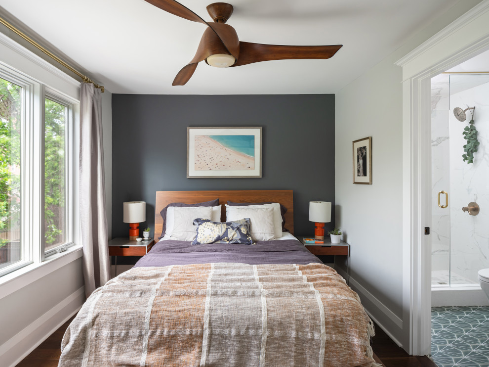 Bedroom - modern master medium tone wood floor and brown floor bedroom idea in Toronto with gray walls