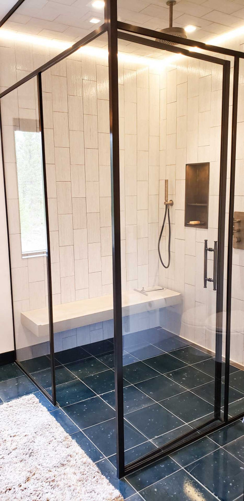 Imagen de cuarto de baño principal retro sin sin inodoro con ducha con puerta con bisagras y hornacina