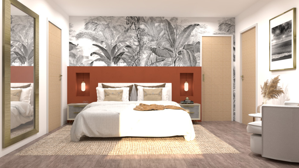 Cette photo montre une chambre parentale tendance de taille moyenne avec un mur beige, un sol en bois brun, aucune cheminée et du papier peint.