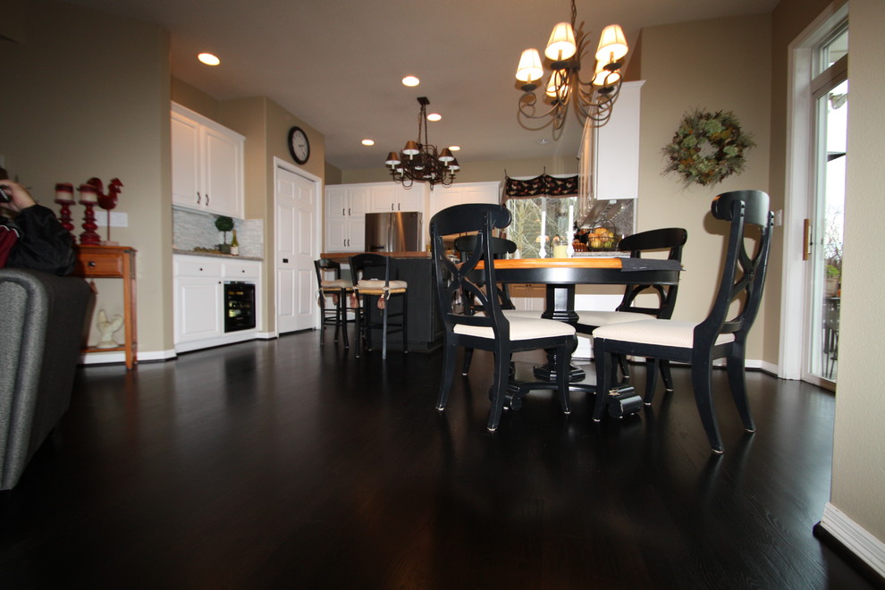 Inspiration for a traditional kitchen in Portland with dark hardwood floors.